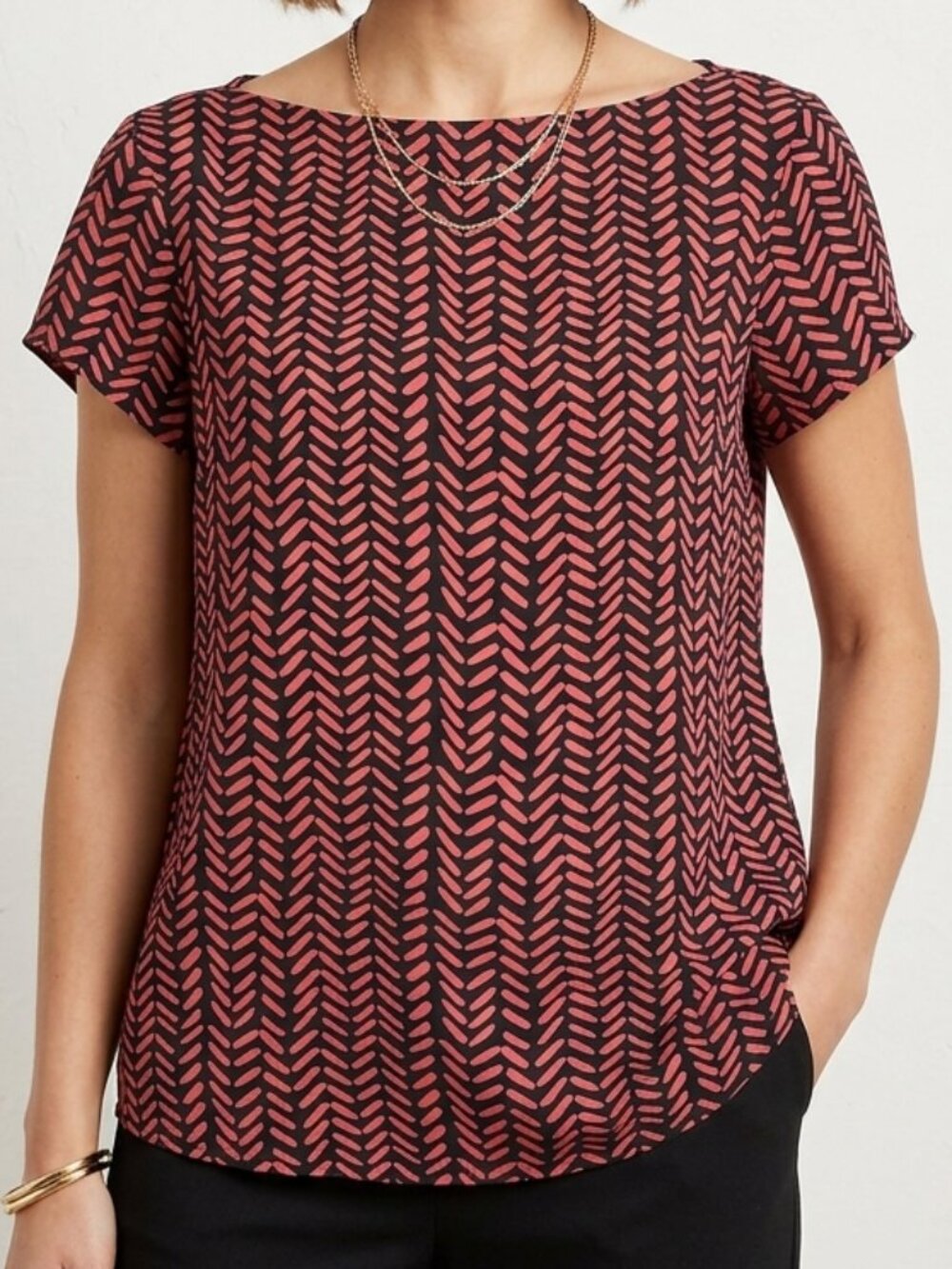 LOFT Red & Black Chevron Herringbone Boat Neck Tulip Sleeve Blouse Size M